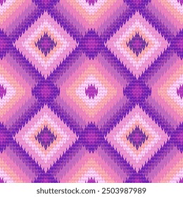 This vibrant geometric pattern features a hand-knit texture with intricate diamond shapes in shades of pink, purple, and yellow. The warm, cozy aesthetic evokes a handcrafted feel.