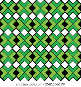 This vibrant geometric pattern features interlocking squares in shades of green, brown, and black, arranged in a repeating diamond shape on a white background.