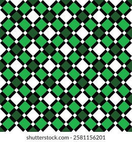 This vibrant geometric pattern features interlocking squares in shades of green, brown, and black, arranged in a repeating diamond shape on a white background.