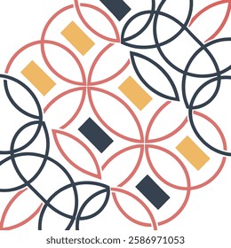 This vibrant geometric pattern features overlapping circles and rectangles in soft, complementary colors (reddish-pink, mustard yellow, and dark navy).