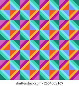 This vibrant geometric pattern features a mix of triangles and squares in bright shades of purple, green, blue, and orange. Ideal for modern textiles or wallpapers, it adds a cheerful touch 