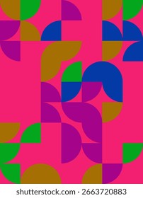 This vibrant geometric pattern features bold colors and dynamic shapes, inspired by Bauhaus aesthetic. Ideal for modern designs, backgrounds, and art projects.