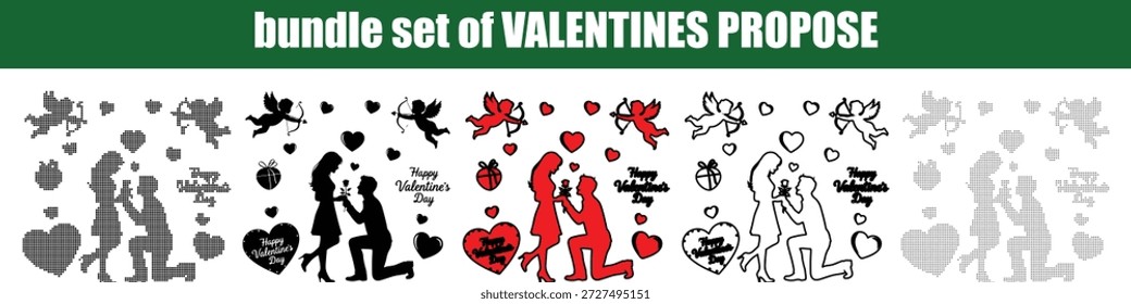 Esta coleção gráfica vibrante mostra um tema romântico da proposta do Dia dos Namorados apresentando várias silhuetas de um homem em um joelho propondo a uma mulher acompanhada por cupidos encantadores que voam corações e caixas de presente O pacote inclui diversos estilos, como arte de pixel preto sólido vermelho e ilustrações em contorno, todos isolados em um fundo transparente perfeito para projetos românticos