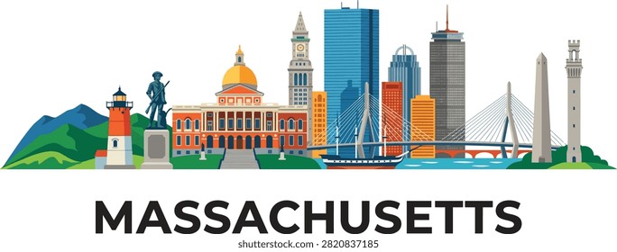 This vibrant graphic depicts the Massachusetts skyline with a mix of historic buildings and modern skyscrapers, set against a clean white background with the state name displayed below.