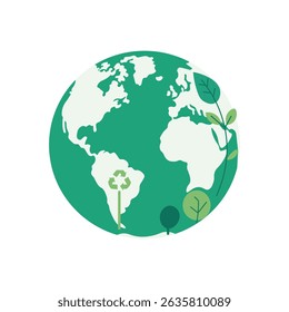 This vibrant graphic depicts a stylized, green Earth globe adorned with simple, nature-inspired elements like leaves and trees, and a recycling symbol.