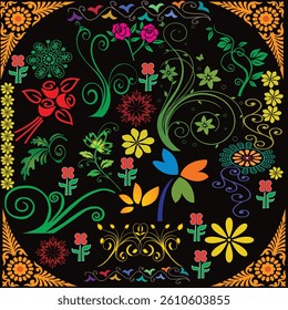 This vibrant graphic design features a variety of floral and decorative elements, including flowers, leaves, swirls, and corner embellishments, all in bright, bold colors against a dark background.