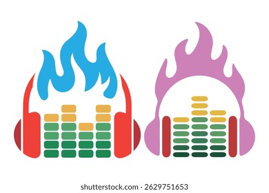 This vibrant graphic displays two pairs of headphones, each with a different color flame effect surrounding them.