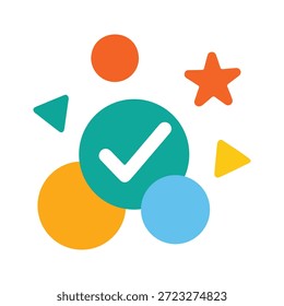 This vibrant graphic features a collection of abstract shapes, including circles, triangles, and a star, in cheerful colors like teal, orange, yellow, and blue. A large teal circle at the center contains a white checkmark, signifying completion or success. The arrangement is playful and dynamic, suggesting concepts of organization, progress, or achievement.