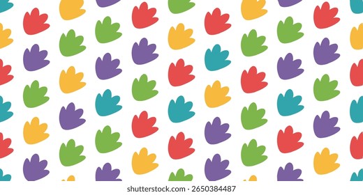 This vibrant graphic features a seamless pattern of rounded, multi-lobed shapes in red, yellow, green, purple, and teal, creating a playful and energetic visual.