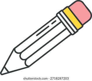 This vibrant graphic features a stylized pencil, rendered in a cheerful, cartoon-like manner. The pencil boasts a bright yellow body, a sharp white tip, and a distinctly pink eraser at its end, all set against a contrasting black background. The clean lines and clear colors make it an immediately recognizable and engaging visual. This illustration perfectly encapsulates themes of education, creativity, writing, and artistic expression. It is an ideal asset for educational materials, children's content, stationery-related designs, creative workshops, or any digital platform looking to convey learning, ideas, or artistic pursuits in a friendly and accessible way.