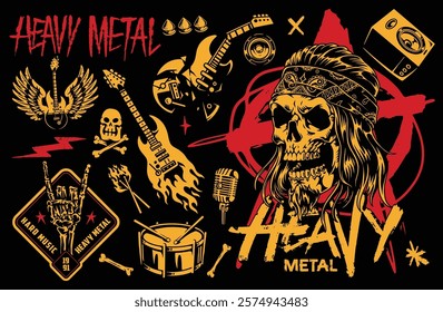 This vibrant graphic showcases heavy metal themes with a skull centerpiece guitars drums and various music symbols capturing the essence of hard rock culture and energy.