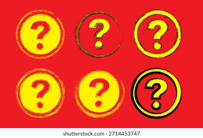 Este vibrante gráfico muestra iconos de signos de interrogación inspirados en el arte pop en círculos amarillos y negros sobre un fondo rojo brillante. Ideal para secciones de preguntas frecuentes, cuestionarios, imágenes de Asistencia al cliente