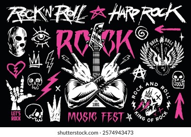 This vibrant graphic showcases various elements of rock music culture featuring guitars skulls and symbols associated with music festivals and hard rock.