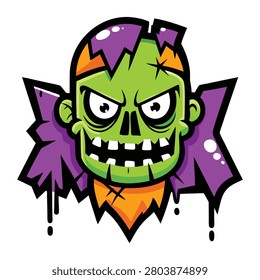 Esta ilustración de cabeza de zombi verde vibrante cuenta con un diseño de carácter atrevido y aterrador con un fondo de graffiti púrpura salpicadura. La obra de arte detallada muestra un monstruo muerto viviente espeluznante con dientes afilados en un estilo de arte callejero único perfecto para proyectos festivos.