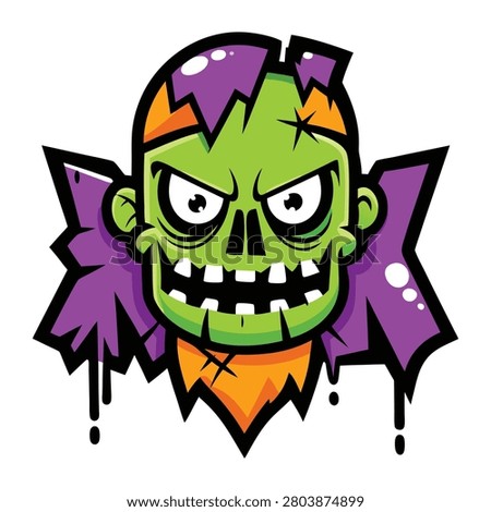 This vibrant green zombie head illustration features a bold and scary character design with a purple graffiti background splash. The detailed artwork showcases a spooky undead monster with sharp teeth in a unique street art style perfect for festive projects.