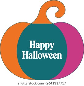 This vibrant Halloween graphic features a stylized pumpkin divided into three bold color sections: orange, teal, and pink. A yellow, curled stem crowns the pumpkin