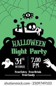 This vibrant Halloween party poster design features a striking green and black color scheme that captures attention. The central image showcases a spooky cauldron with a skeleton’s head peeking out, s