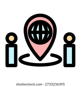 This vibrant icon depicts a world map inside a location pin- signifying global travel destinations. Ideal for travel agencies, tourism websites, and travel apps.