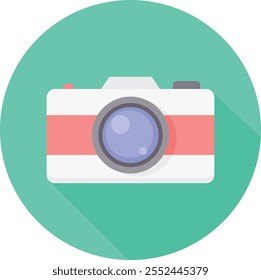 Este vibrante icono cuenta con una cámara dentro de un círculo verde azulado, que fusiona el diseño moderno con colores divertidos. Ideal para App de Fotografía, Sitios web y branding, simboliza la creatividad y captura de momentos.