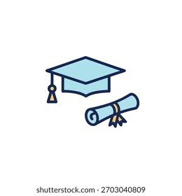 This vibrant icon illustrates graduation with a cap and diploma scroll, perfect for educational designs and achievement themes.	