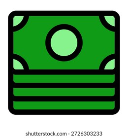 Dieses lebendige Symbol veranschaulicht einen großen Stapel an grünem Papiergeld oder Banknoten, der Finanzen, Vermögen, Währung und erfolgreiche Zahlungsvorgänge in einem modernen, farbenfrohen Duotone-Grafikstil für die digitale Nutzung darstellt.