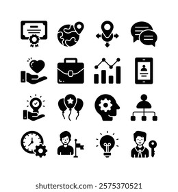 This vibrant icon set features various business and success related symbols