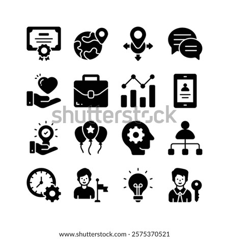 This vibrant icon set features various business and success related symbols