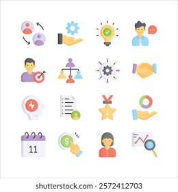 This vibrant icon set illustrates various aspects of business management,