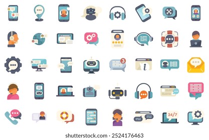 Este vibrante conjunto de iconos representa varios aspectos de la Asistencia al cliente, enfatizando la comunicación y la asistencia digital