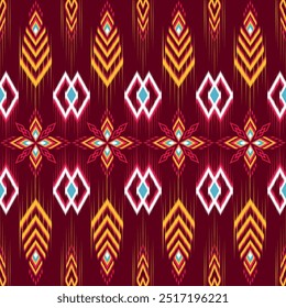 This vibrant ikat fabric pattern features traditional geometric designs. This seamless pattern is perfect for fabrics, wallpapers, and digital backgrounds, ethnic themed design projects, home decor
