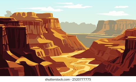 Esta vibrante ilustração captura a impressionante beleza do Grand Canyon. Desfiladeiros altos e marrom-avermelhados formam um desfiladeiro profundo, esculpido pelo poderoso Rio Colorado.