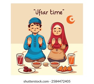 This vibrant illustration captures a cartoon couple joyfully praying together, embodying the spirit of unity and devotion during the Muslim holiday