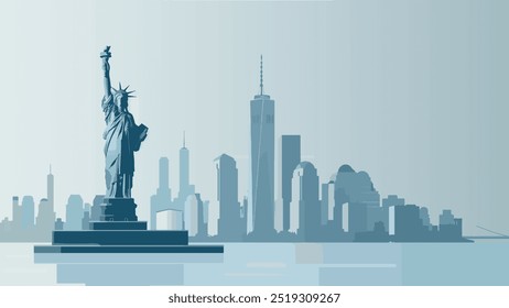 Diese lebendige Illustration fängt das Wesen von New York City ein, mit seiner ikonischen Skyline mit markanten Sehenswürdigkeiten 