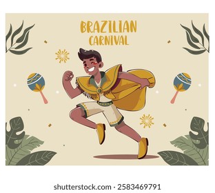 This vibrant illustration captures the essence of the Brazilian Carnival, showcasing a colorful character adorned in traditional costume