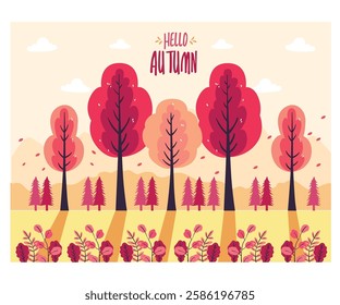 This vibrant illustration captures the essence of an autumn landscape, showcasing a harmonious blend of colorful trees and blooming flowers