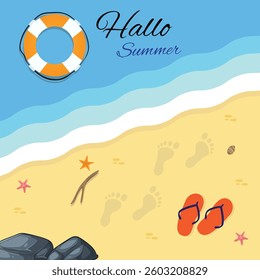 This vibrant illustration captures the essence of summer with a beach scene featuring golden sand, gentle ocean waves, and fun beach elements. The phrase "Hallo Summer" adds a playful, welcoming touch