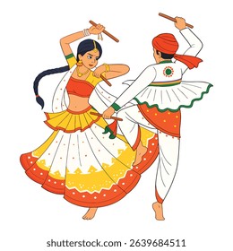 This vibrant illustration captures the essence of Garba, a traditional Indian folk dance originating from Gujarat. A man and a woman are depicted mid-dance, holding dandiya sticks
