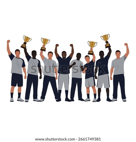 This vibrant illustration captures the essence of team success and athletic achievement. A group of seven men, depicted in a flat