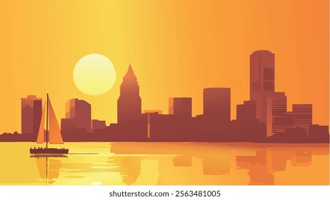 This vibrant illustration captures Baltimore’s iconic skyline at sunset, with the city’s modern and industrial structures reflected in the calm waters of the harbor.