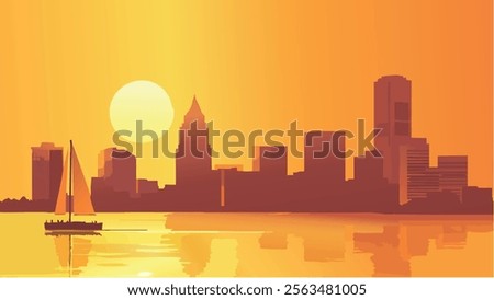This vibrant illustration captures Baltimore’s iconic skyline at sunset, with the city’s modern and industrial structures reflected in the calm waters of the harbor.