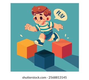 This vibrant illustration captures the joyful essence of childhood, featuring a cartoon boy energetically jumping over colorful blocks