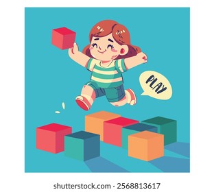 This vibrant illustration captures the joyful essence of childhood play, featuring a girl energetically jumping over colorful cubes emblazoned with the word “play.”