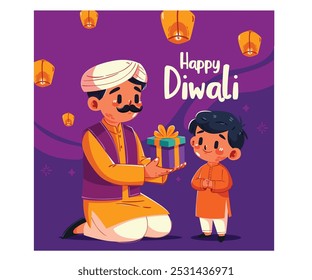 This vibrant illustration captures the joyous spirit of the Hindu Diwali festival, showcasing a heartwarming moment between a father and son