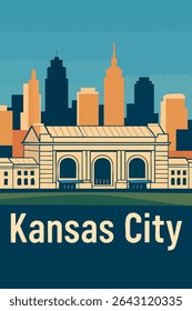 This vibrant illustration captures the Kansas City skyline with the iconic Union Station at its heart.