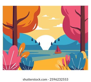 This vibrant illustration captures the serene beauty of a sailboat gliding across tranquil waters, set against a stunning sunset landscape
