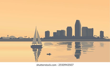 Esta vibrante ilustración captura el impresionante horizonte de San Diego mientras el sol Conjuntos sobre la ciudad. Los edificios emblemáticos están silueteados contra un cálido gradiente de tonos dorados y verdes