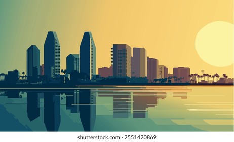 Esta vibrante ilustración captura el impresionante horizonte de San Diego mientras el sol Conjuntos sobre la ciudad. Los edificios emblemáticos están silueteados contra un cálido gradiente de tonos dorados y verdes