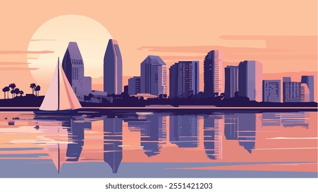 This vibrant illustration captures the stunning San Diego skyline as the sun sets over the city. The iconic buildings are silhouetted against a warm gradient of golden and green hues