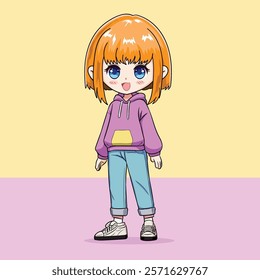 This vibrant illustration depicts a chibi-style girl with a cheerful expression. She is dressed casually in a bright purple hoodie with a yellow pocket, light blue jeans rolled at the ankles, and tren