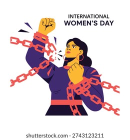 This vibrant illustration depicts a determined woman triumphantly breaking free from oppressive chains to celebrate global gender equality. It serves as a symbolic representation of female strength and the continuous pursuit of freedom and justice.